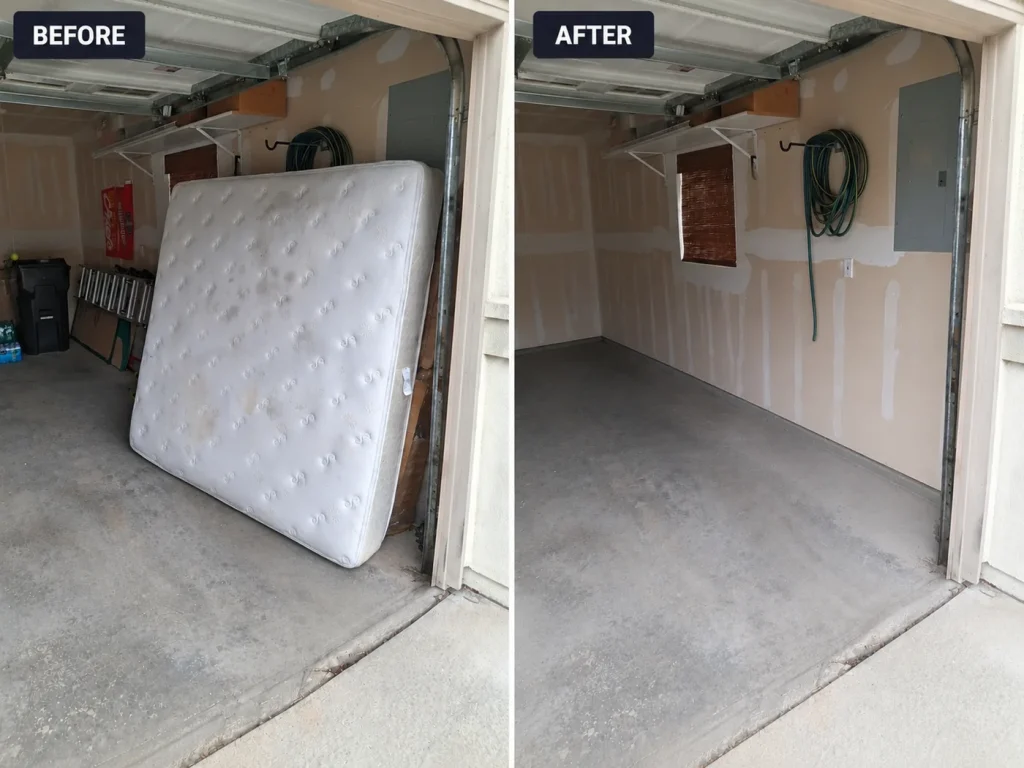 Before and after mattress removal from a garage in Colorado Springs
